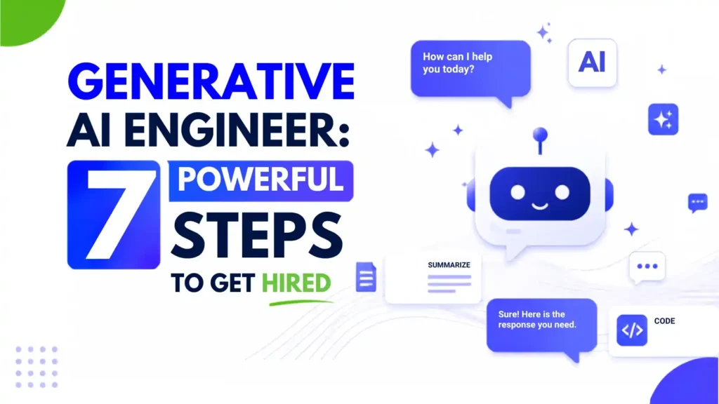 Generative AI Engineering illustration featuring AI chatbot interfaces, generative AI workflow icons, coding elements, and modern AI technology on a clean white background.