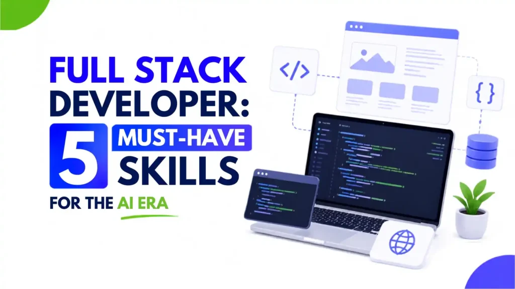 Full Stack illustration featuring website development interfaces, coding screens, frontend and backend concepts, and modern web development on a clean white background.