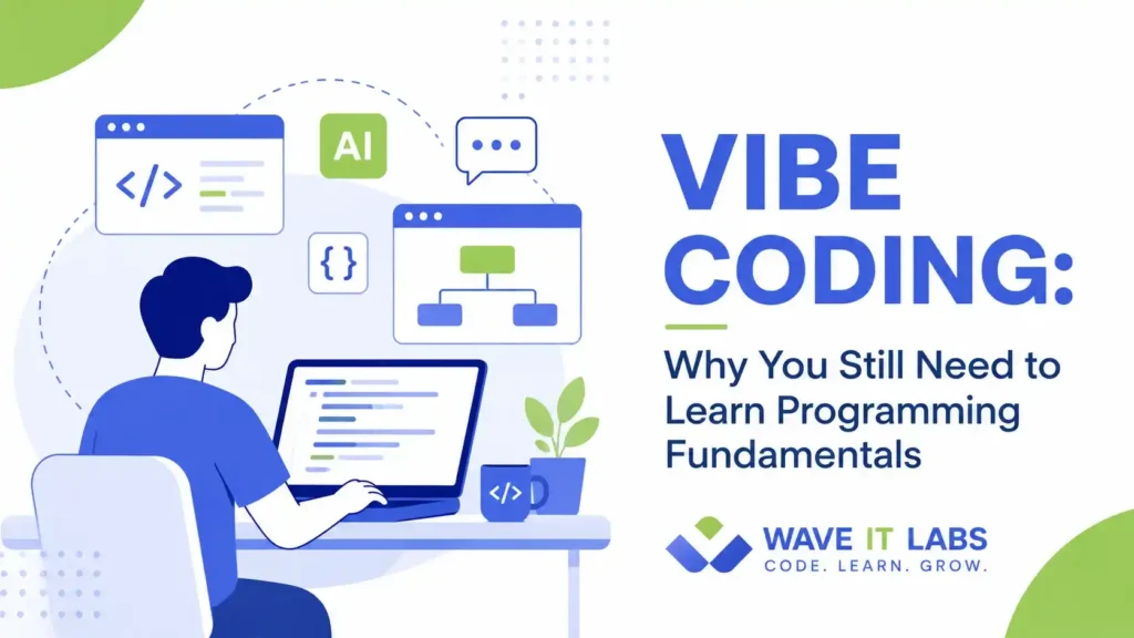 Vibe coding illustration showing an AI-assisted developer learning programming fundamentals with Wave IT Labs branding