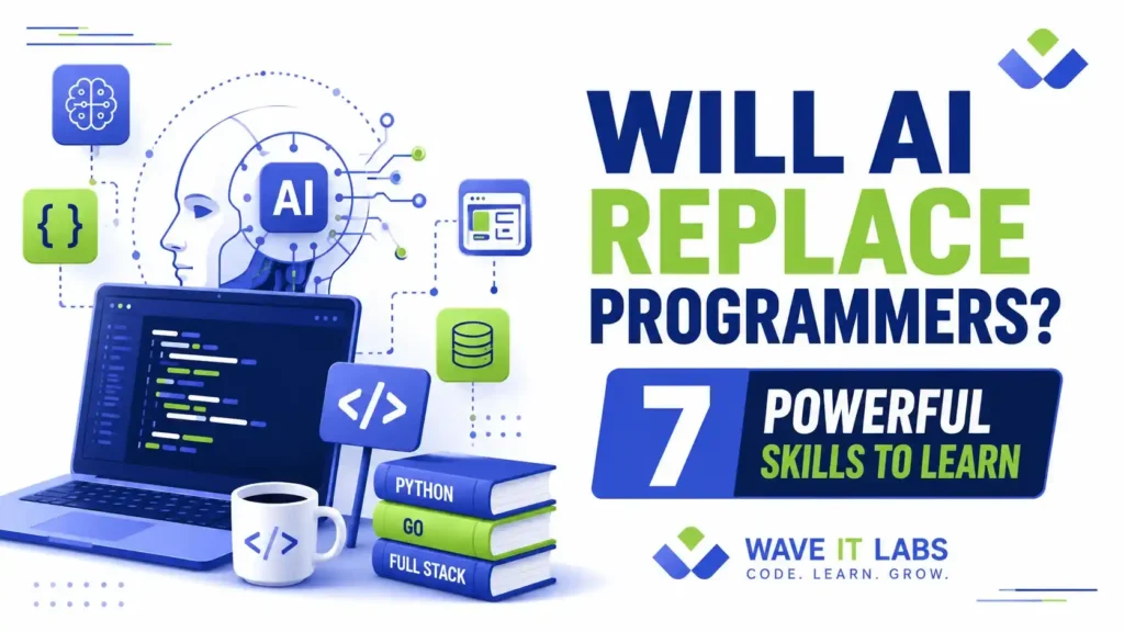 Will AI replace programmers thumbnail showing AI brain, coding laptop, programming icons, and seven powerful skills developers should learn in 2026.