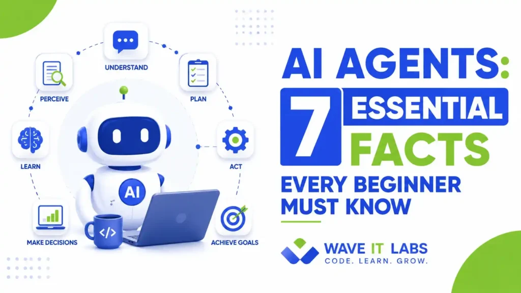 AI Agents illustration showing an intelligent AI assistant explaining how AI agents perceive, plan, learn, act, and achieve goals.