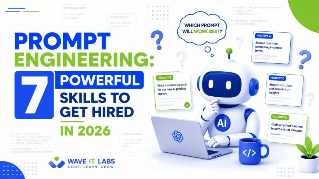 Prompt engineering illustration featuring an AI assistant analyzing multiple GPT prompts to choose the best response, highlighting essential AI engineering skills.