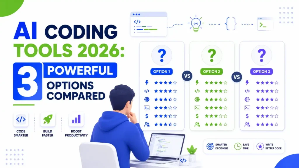 AI Coding Tools 2026 illustration comparing three AI coding assistants with question mark icons, helping developers choose the best AI coding tool.