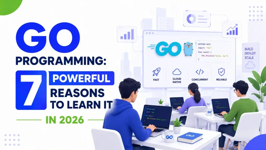 Go programming illustration showing developers learning Go in a modern classroom with cloud computing, backend development, and coding concepts.