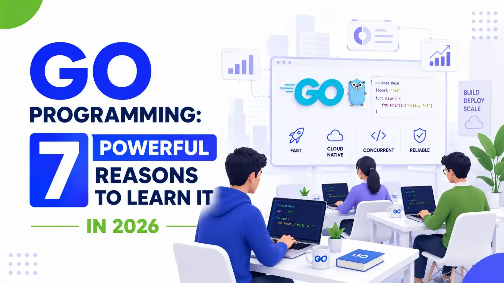 Go programming illustration showing developers learning Go in a modern classroom with cloud computing, backend development, and coding concepts.