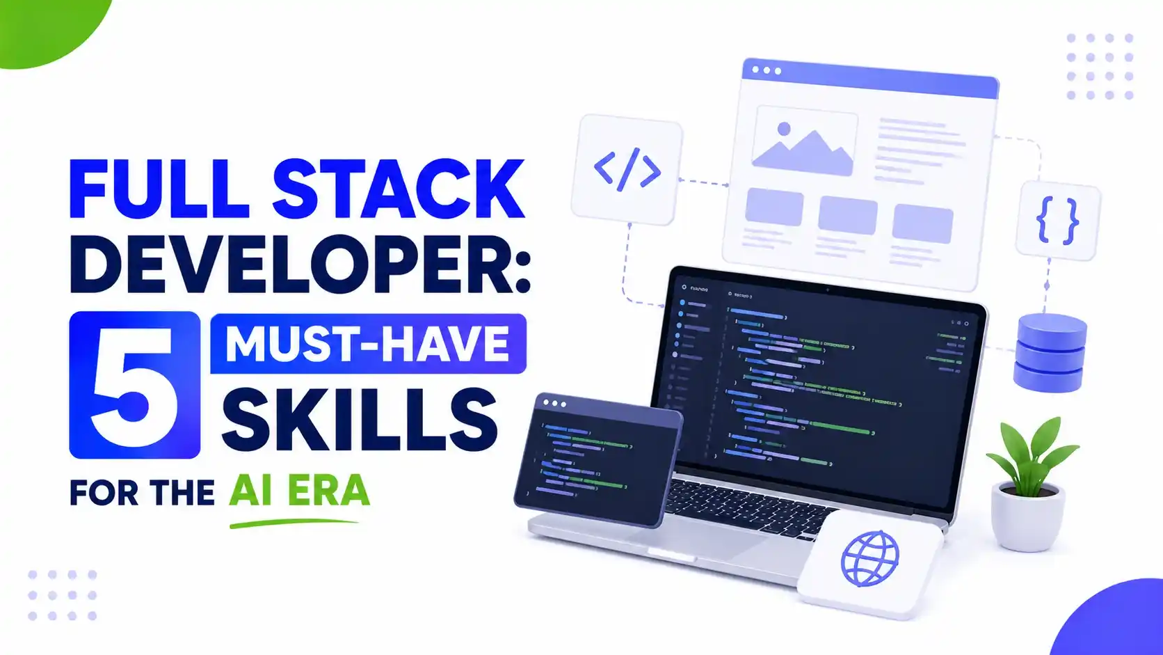 Full Stack Developer illustration featuring website development interfaces, coding screens, frontend and backend concepts, and modern web development on a clean white background.