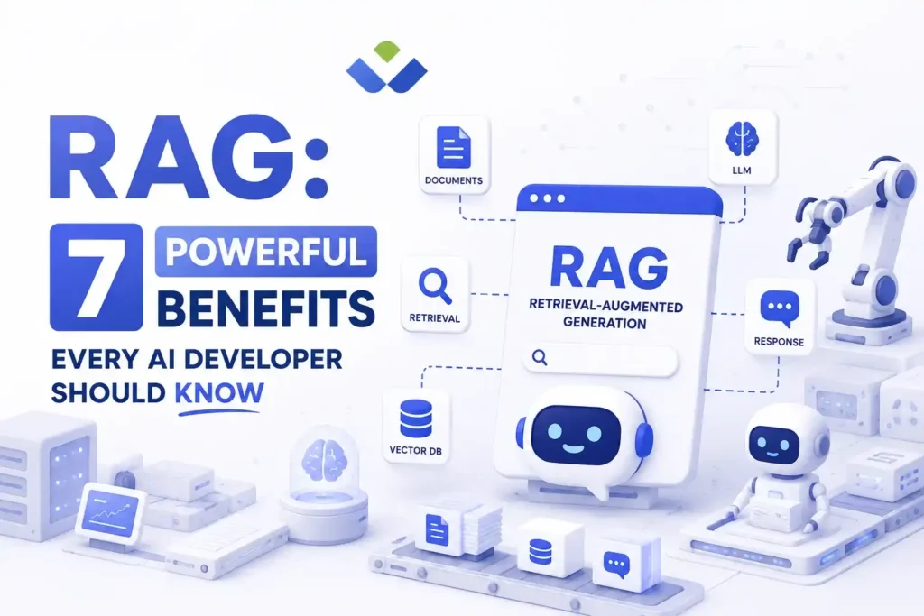 Alt Text RAG Explained infographic showing Retrieval-Augmented Generation workflow with documents, vector database, LLM, retrieval, AI chatbot, and 7 powerful benefits for AI developers.
