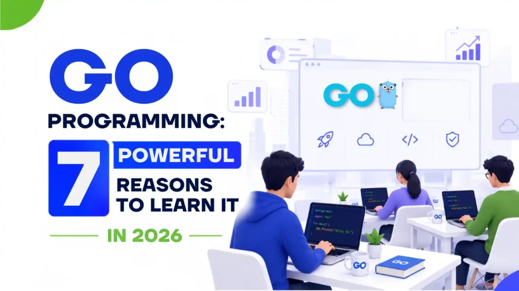 Go programming illustration showing developers learning Go in a modern classroom with cloud computing, backend development, and coding concepts.